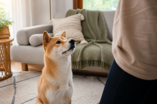 飼い主を見上げる犬