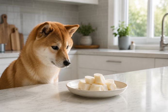 山芋を見つめる柴犬